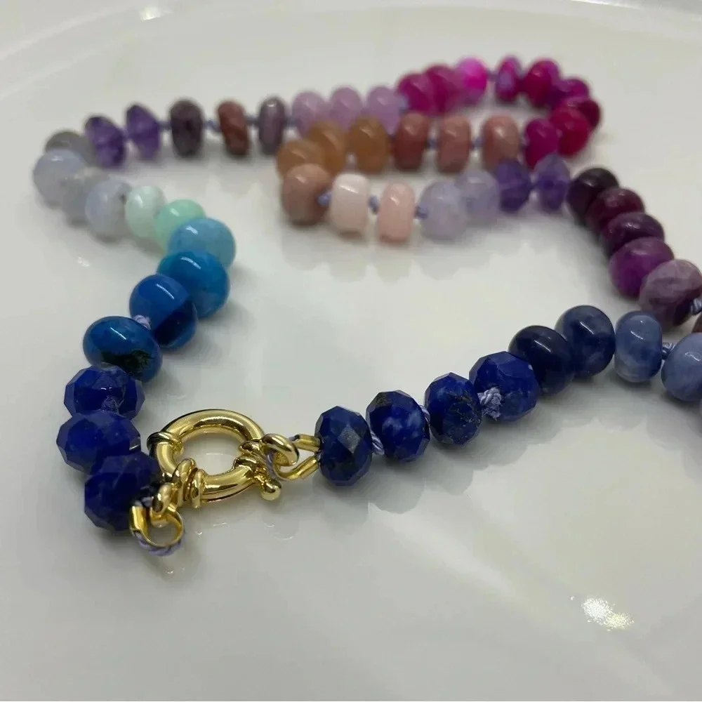 Rainbow hand knotted beaded gemstone necklace 18” blue pink purple 925 silver - Picture 3 of 7